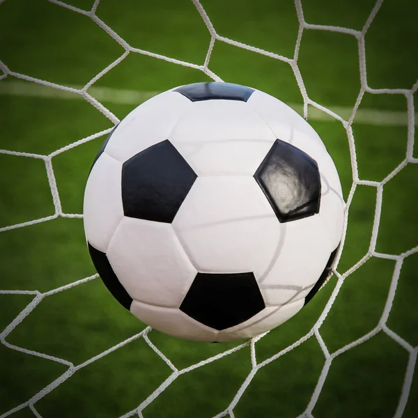 Soccer Football In Goal Net With Green Grass Field Stock Photo, Picture and  Royalty Free Image. Image 18002764.