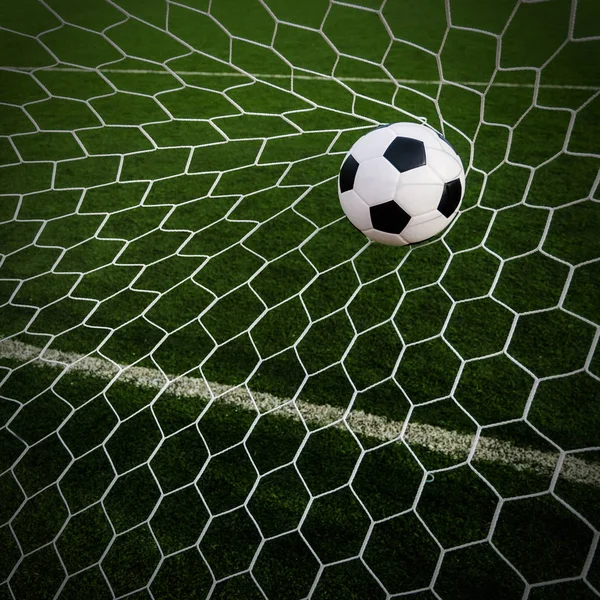 緑の芝生のフィールドでゴールネットのサッカー. — ストック写真