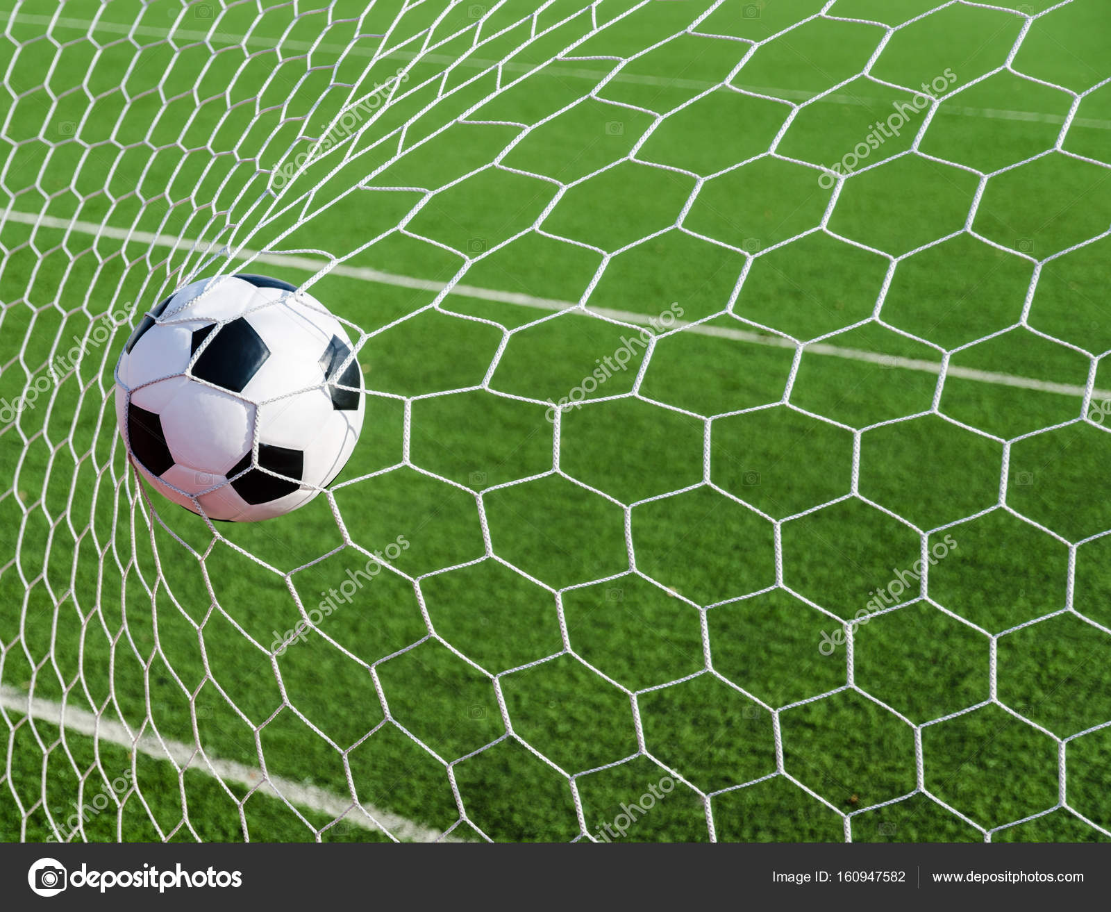Soccer Football In Goal Net With Green Grass Field Stock Photo By C Ohmega19
