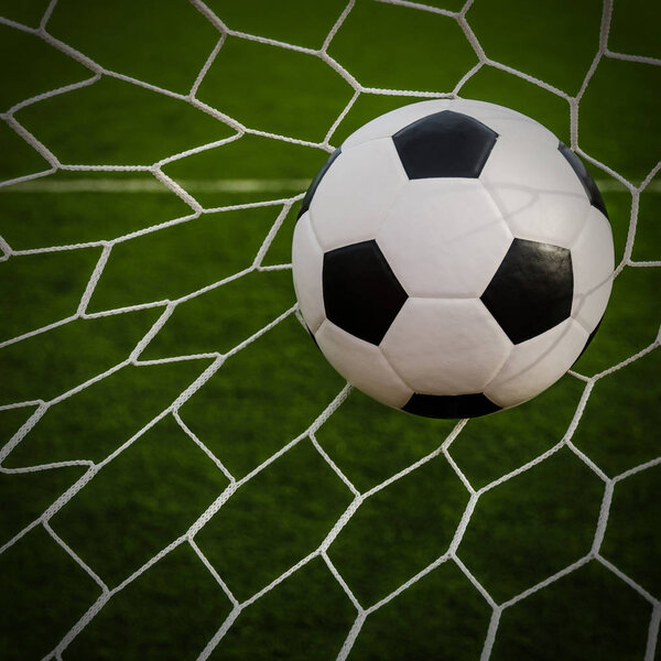 Soccer football in Goal net with green grass field.