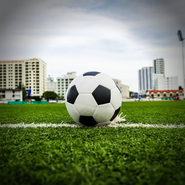 Soccer Football on the green grass of Soccer field. — Stock Photo, Image