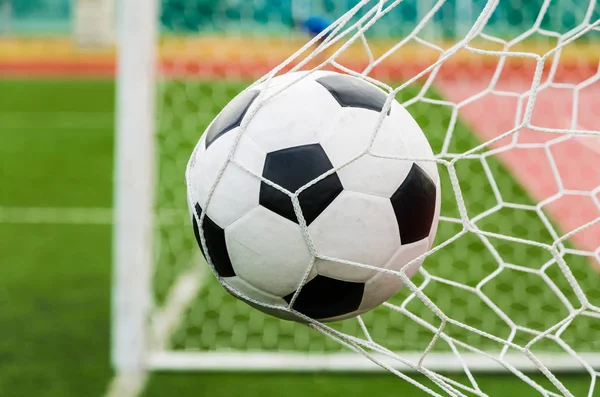 Futebol futebol em Goal net com campo de grama verde . — Fotografia de Stock