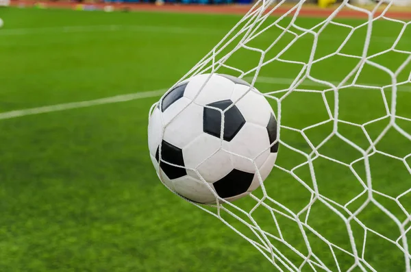 Soccer football in Goal net with green grass field.