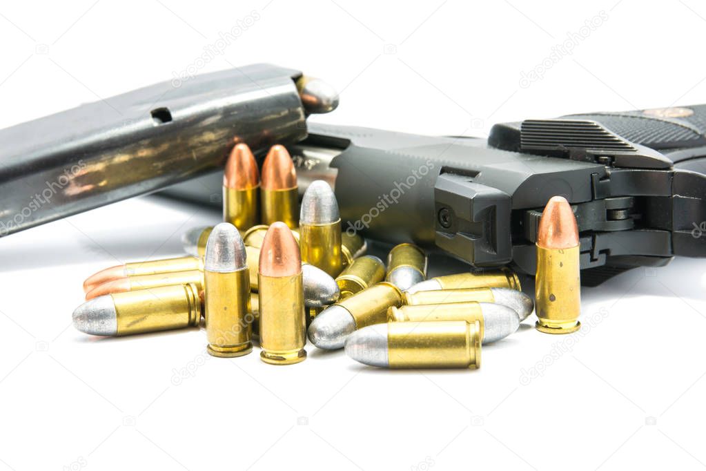 Gun and Bullets isolated on the white Background.