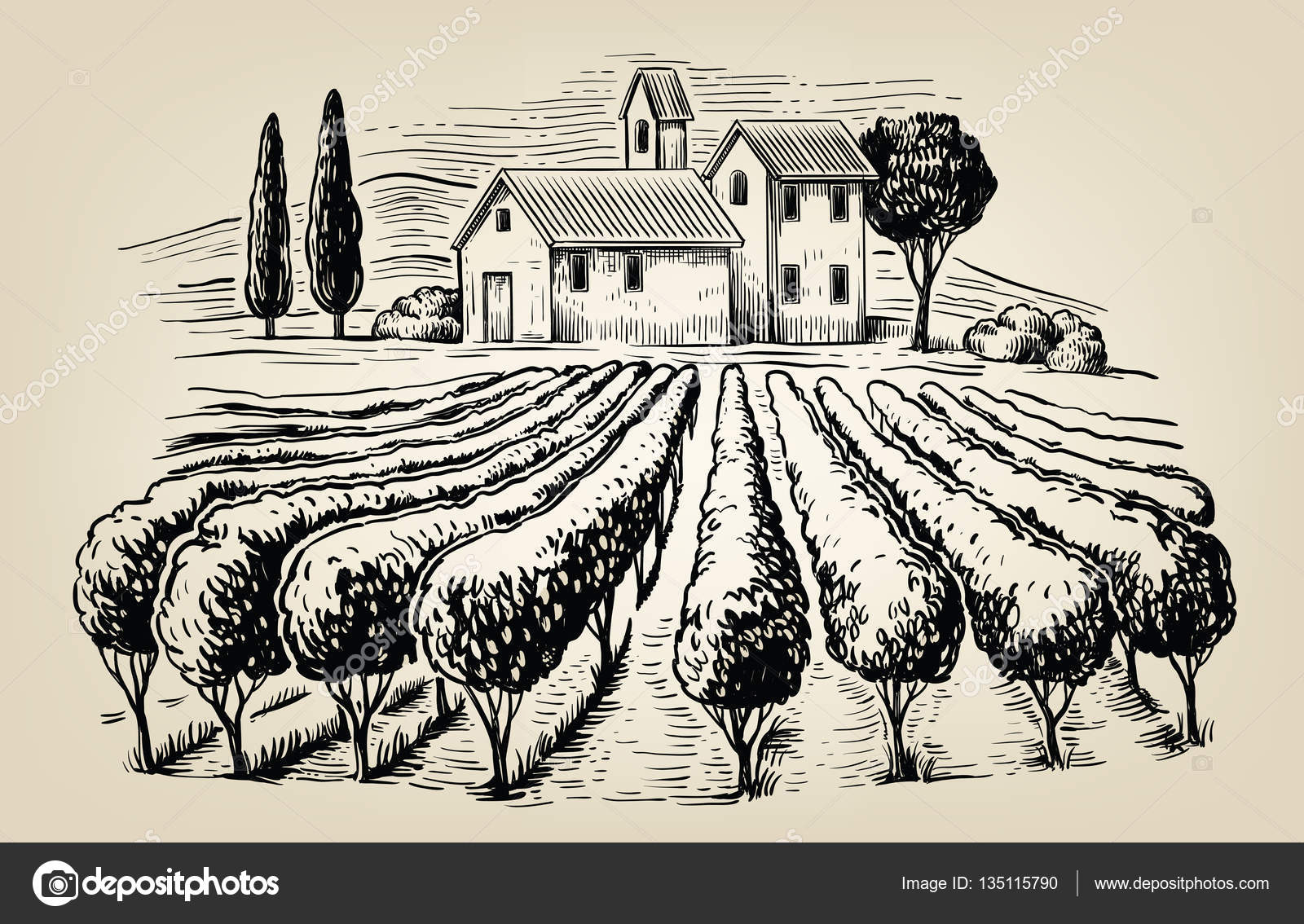 Vector: village landscape | Vector village and landscape — Stock Vector