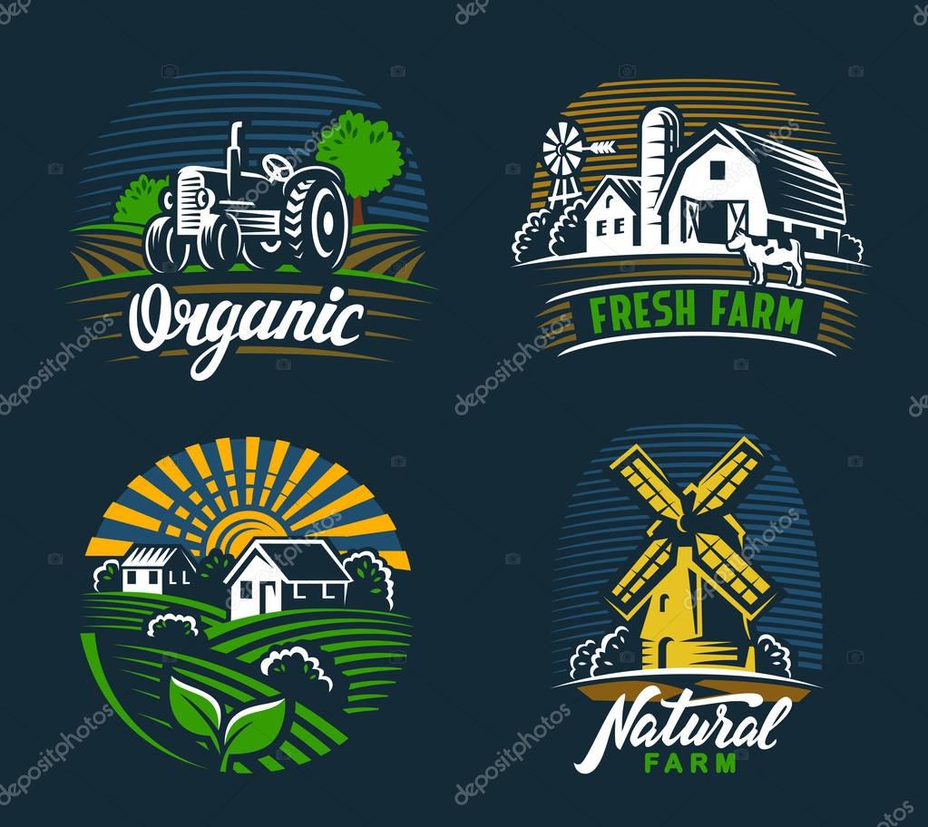 Vector image of village and landscape agriculture emblem