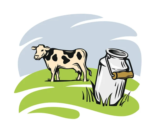 Milk cans with cow — Stock Vector