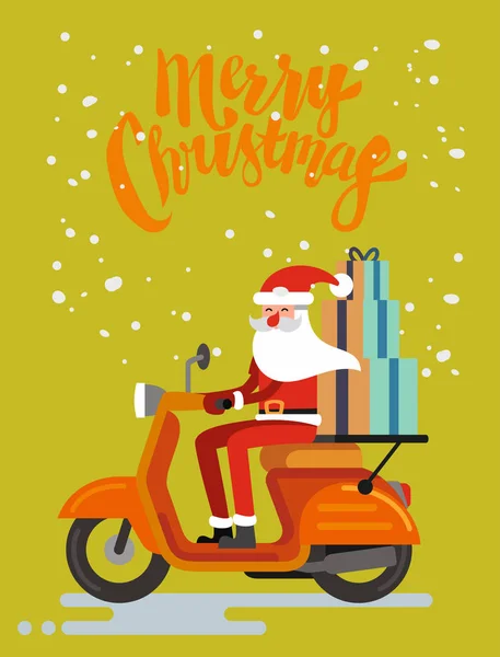 Santa Claus riding scooter on orange background — Stock Vector