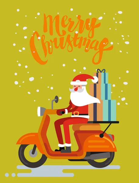 Santa Claus équitation scooter sur fond orange — Image vectorielle