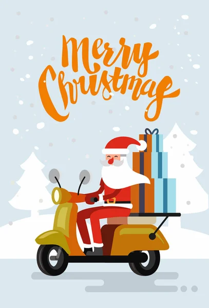 Xmas Santa Claus riding delivery scooter — Stock Vector