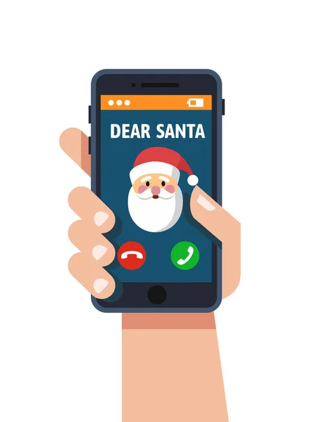 Teléfono inteligente en la mano. Llamadas de Santa Claus . — Vector de stock