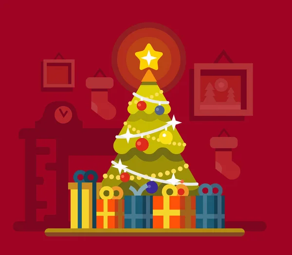 Árvore de Natal com muitas caixas de presente . — Vetor de Stock