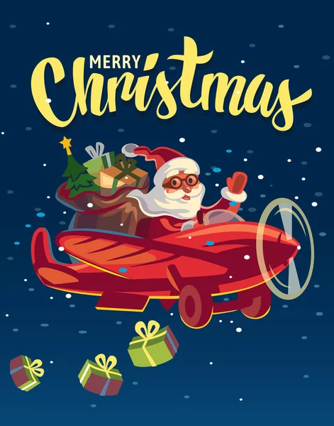 Santa Claus flying on airplane with presents. — Stock Vector