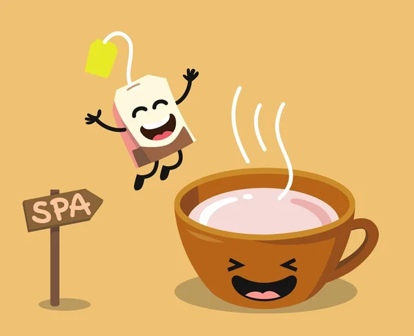 Tasse de thé dessin animé mignon avec sac de thé heureux — Image vectorielle