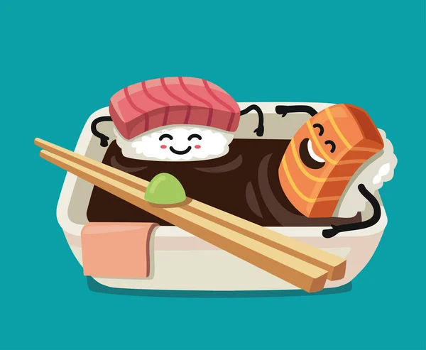 Sushi personagem divertido em molho de banho . — Vetor de Stock