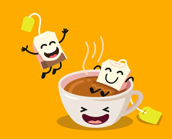 Tasse de thé dessin animé mignon avec des sacs de thé heureux — Image vectorielle