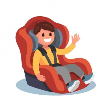 Çocuk bir kırmızı araba koltuğuna oturur.