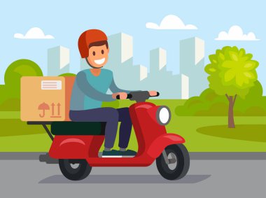 Teslimatçı kırmızı motorlu bisiklet sürme.
