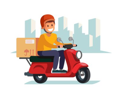 Teslimatçı kırmızı motorlu bisiklet sürme.