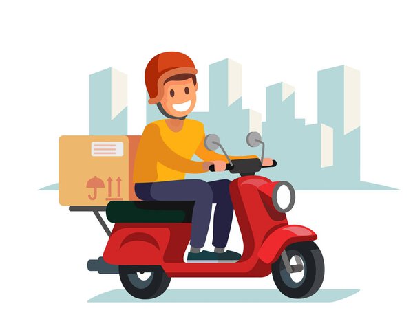 Delivery man riding red motor bike.