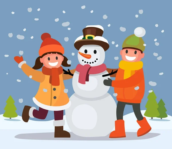 Children build snowman. — Stock Vector