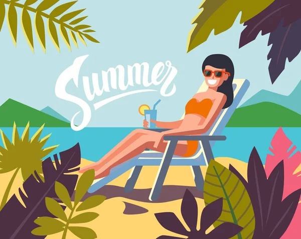 Mujer joven tomando el sol en una playa. — Vector de stock