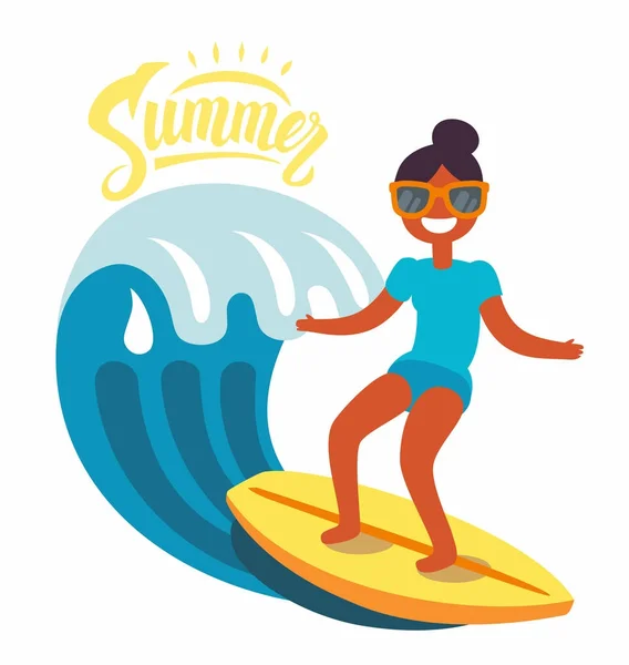 Surfer girl rides the waves — Stock Vector