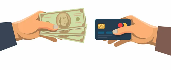 Mãos com cartão de crédito e contas de dinheiro . — Vetor de Stock