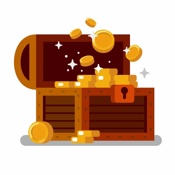 Ξύλινο σεντούκι του θησαυρού γεμάτο χρυσά νομίσματα. — Διανυσματικό Αρχείο