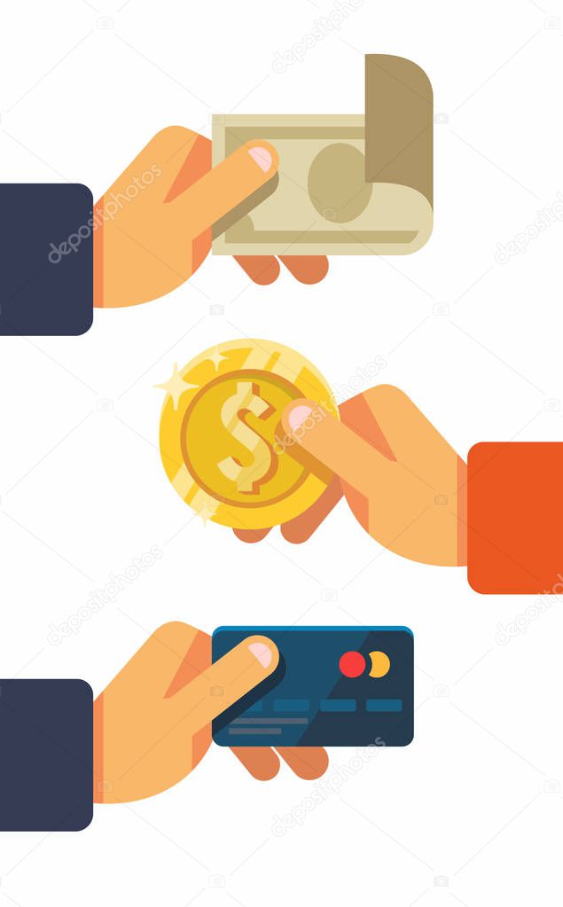 Hands holding credit card money bills and coin.