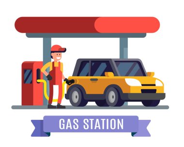 Benzin istasyonunda çalışan araba yakıta dolduruyor.