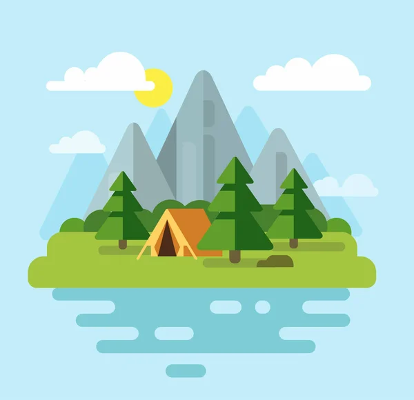 Camping with mountains and forest. — Stock Vector