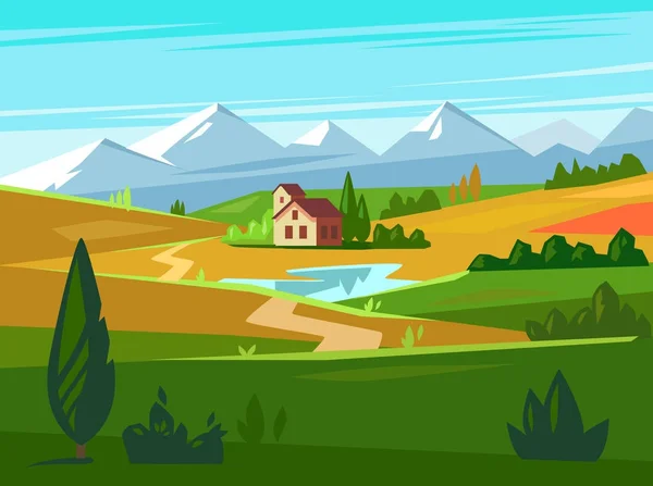 Green fields with huge mountains in the distance and house. — Stock Vector