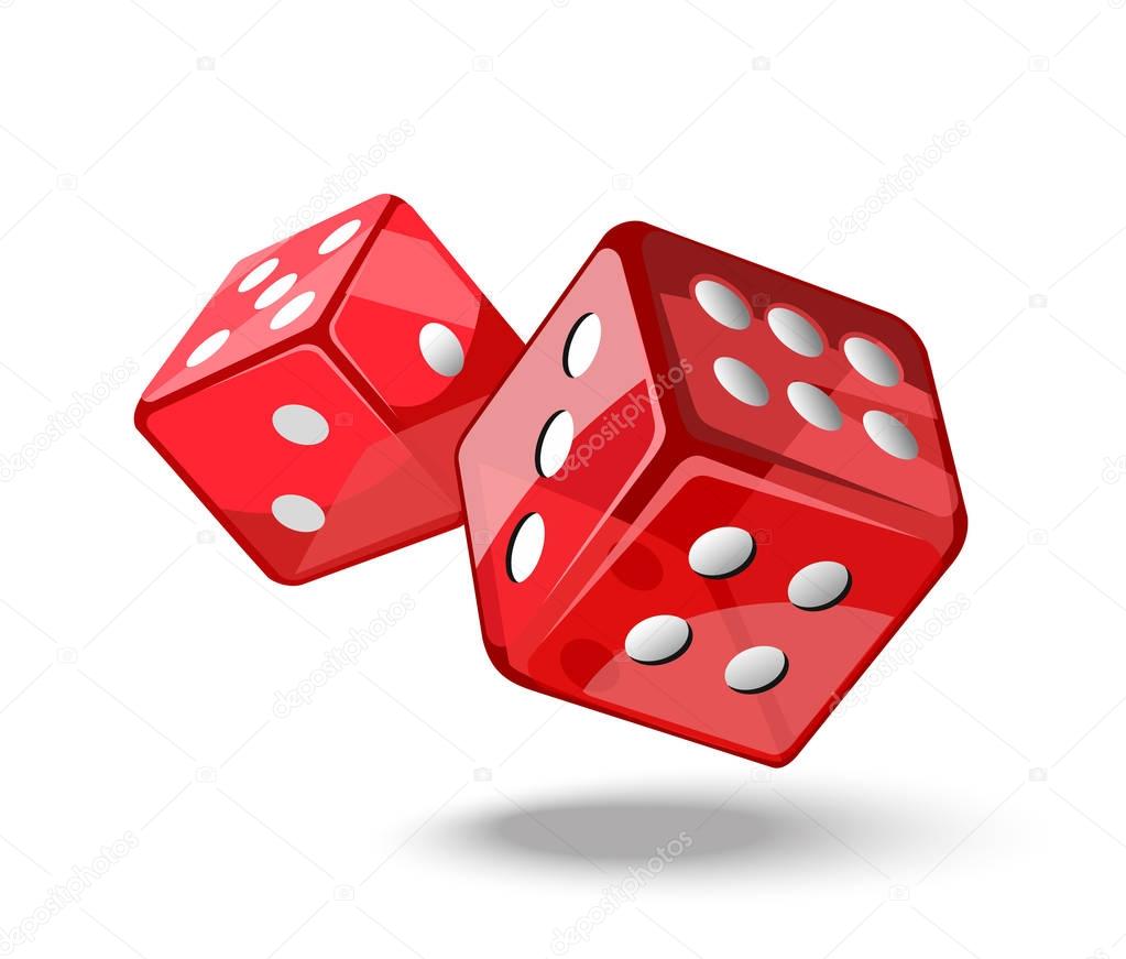 Red game dice in flight.