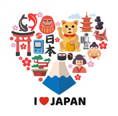 Japonya simgelerle kalp şekli.