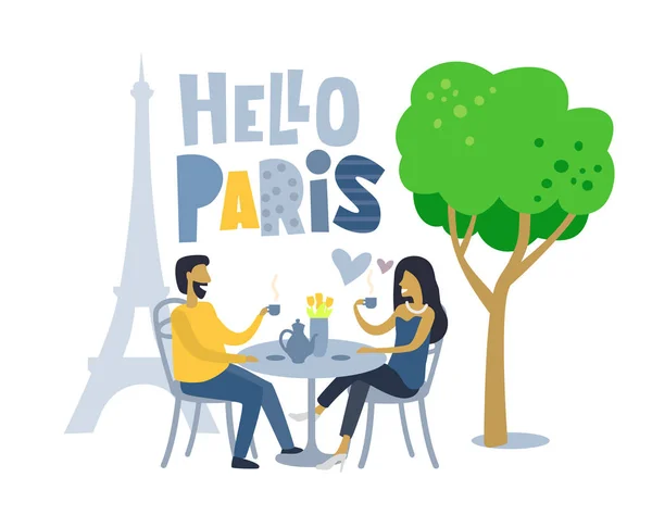Paar aanbrengen in Parijse café. — Stockvector