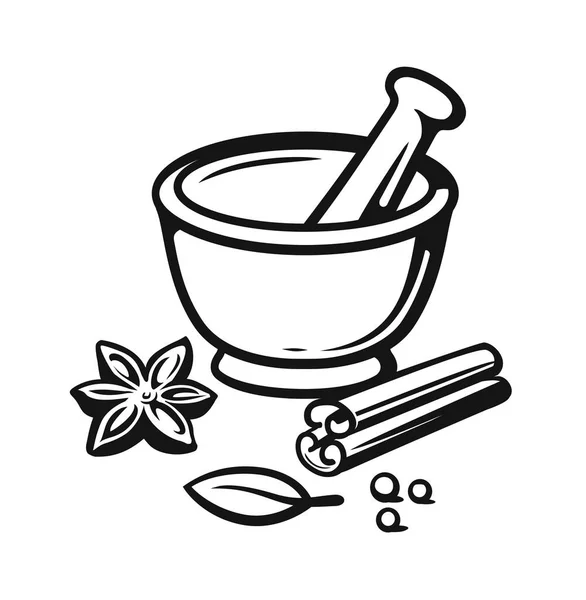 Mortar and Pestle with spices outline style. — Stock Vector