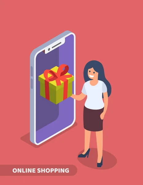 Lány smartphone és ajándék doboz — Stock Vector