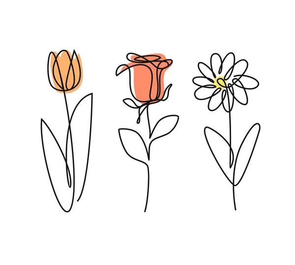 Línea continua Doodle de tres flores — Archivo Imágenes Vectoriales