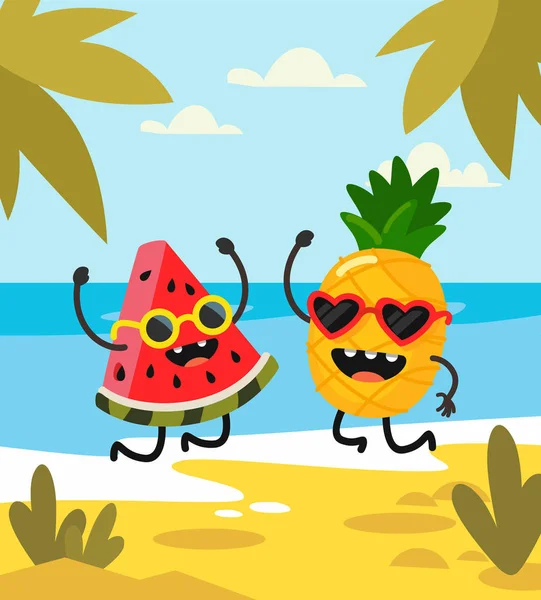 Piña y sandía yacen en la playa — Vector de stock