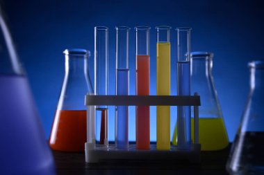 Test tüpleri ve renkli sıvıları olan mataralar bir laboratuarda bir masanın üzerinde duruyor.