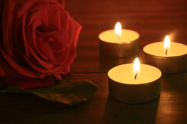 Красная роза лежит на столе и горят три свечи — стоковое фото