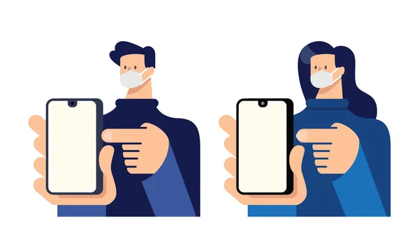 Man and woman point finger to smartphone — Stock Vector