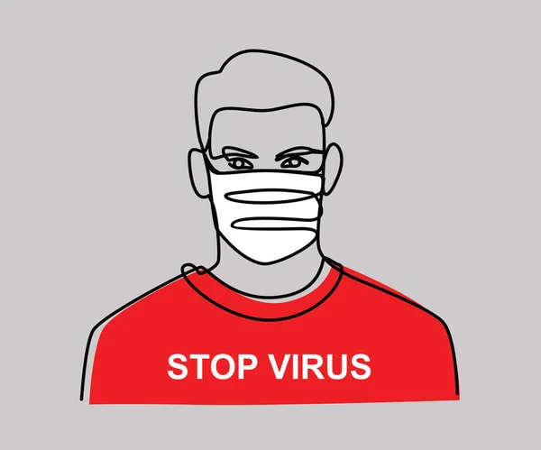 Hombre en máscara médica con palabras Stop virus — Vector de stock