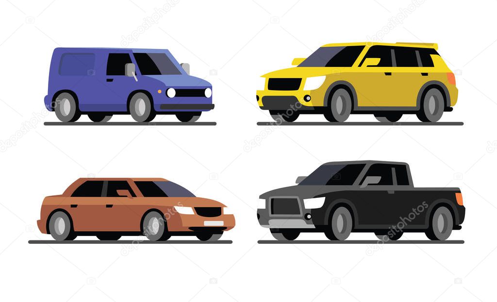 four different cars van, pickup, sedan, SUV