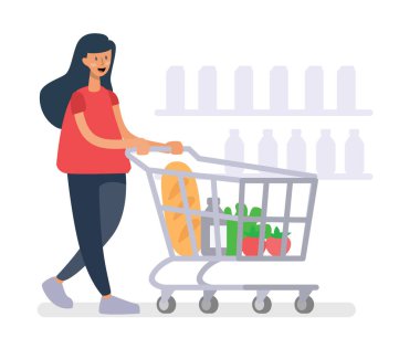Market arabası olan bir kız dükkandan alışveriş yapıyor.