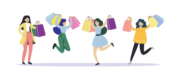 Meninas felizes se alegram com novas compras na loja — Vetor de Stock