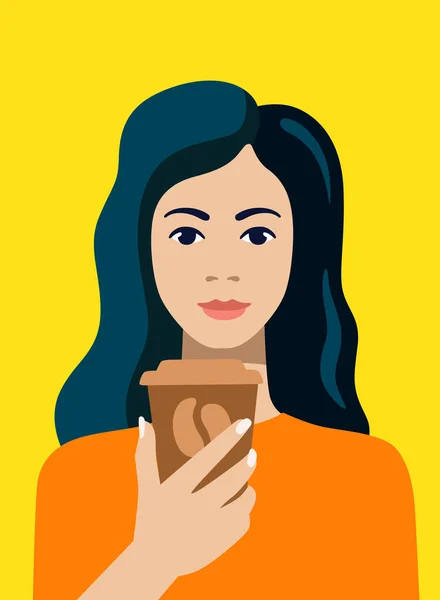 Miła dziewczyna trzyma kawę w dłoni na żółty — Wektor stockowy