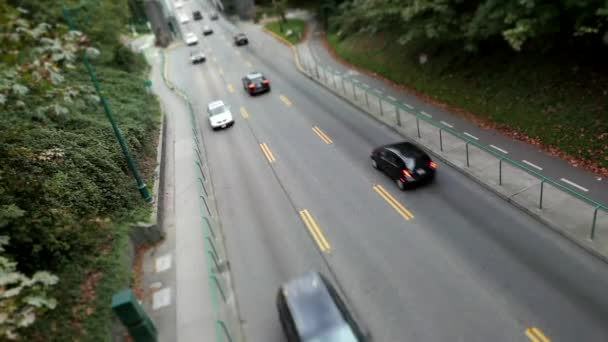 Vue de dessus du pont Lions Gate au parc Stanley à Vancouver BC Canada avec effet miniature — Video