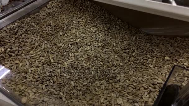 Cueillette manuelle de graines de tournesol crues décortiquées à la section des aliments en vrac à l'intérieur du magasin Walmart — Video